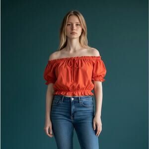 H&M Off the Shoulder Midriff Shirt in Terracotta, Women's S, Crop Top Cap Sleeve